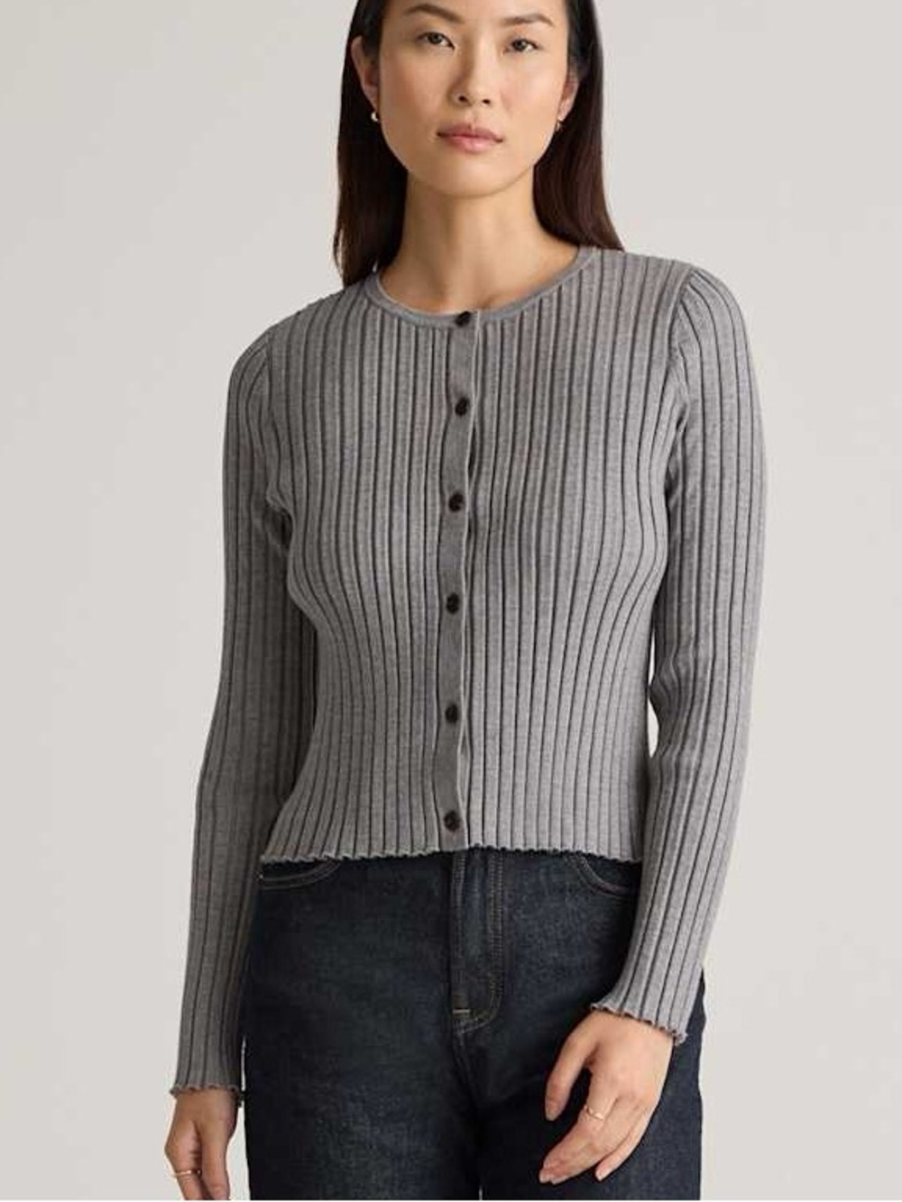 Quince Ribbed Button-Front Cardigan Grey Color women’s size Small